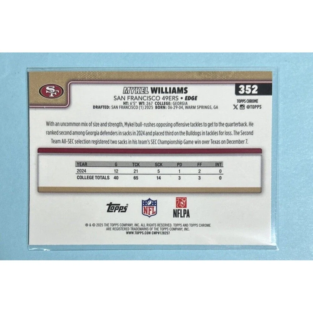 2025 Topps Chrome  Blue Refractor Mykel Williams 49ers card#352 Rookie /150 - Picture 2 of 2